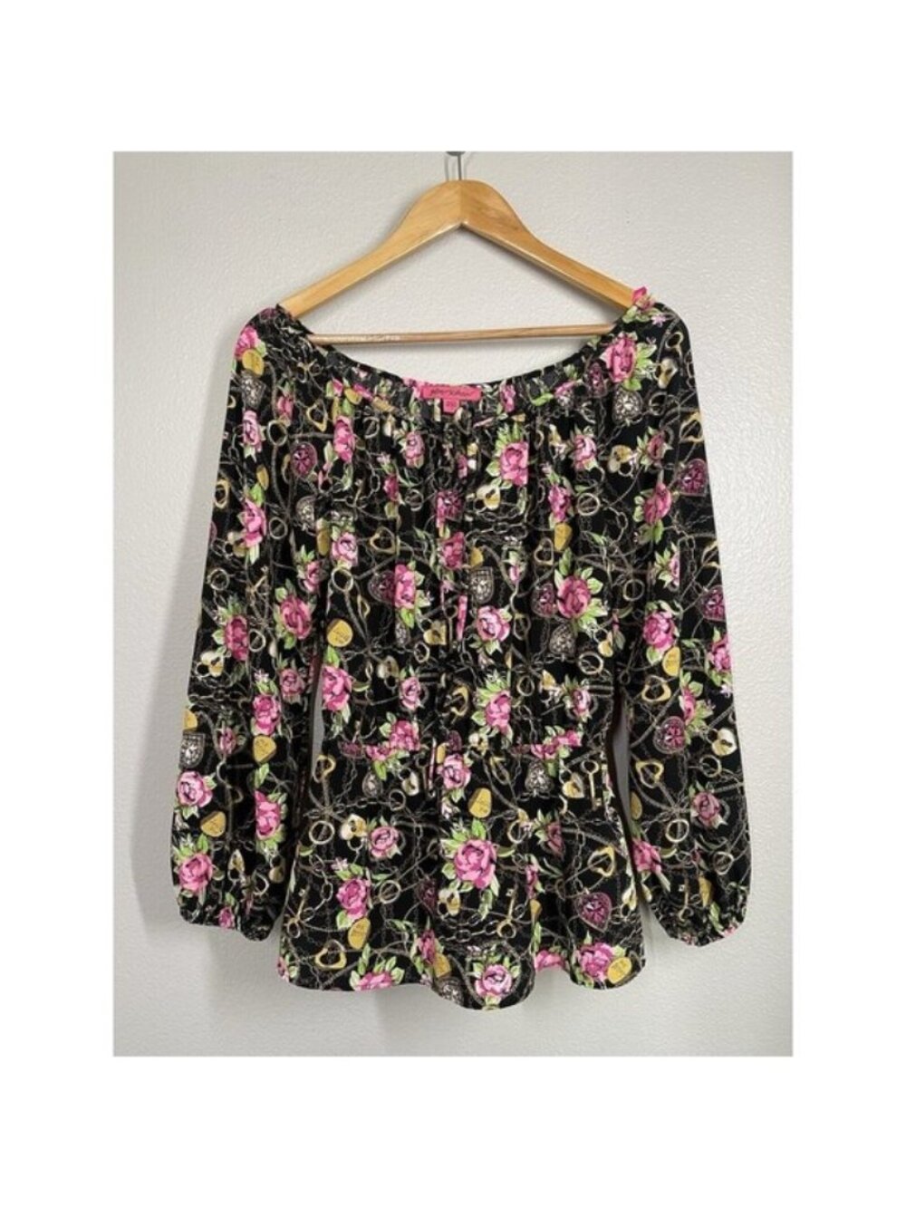 Betsey Johnson Secret Garden Floral Gold‎ Peasant Long Sleeve Top Blouse Size S